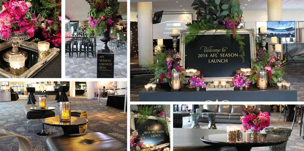 SEASON LAUNCH Custom decaled pedestals in black and gold with stunning floral arrangement in bold colours with greenery.