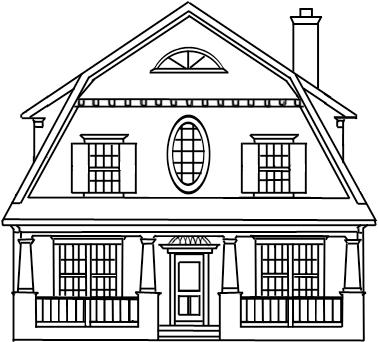 Shutters Decorative, rounded windows Curved eaves Central entry Symmetrical windows Dentil