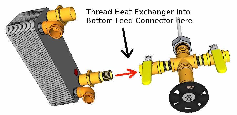 Thread the heat exchanger assembly into the cold (left) side of the bottom feed connector using plumbing sealant.