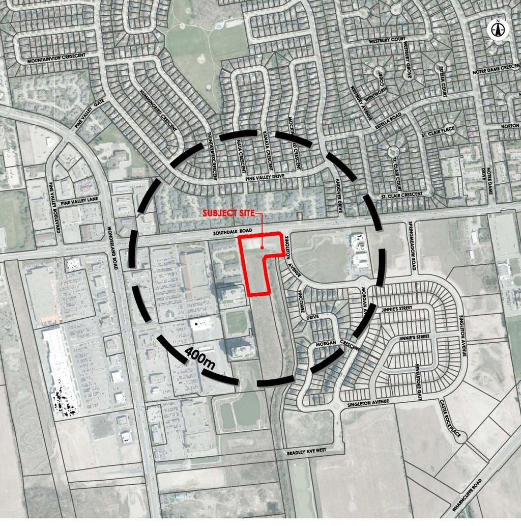 1.4.1 Site Spatial Analysis (400m) The community context within 400m of the subject lands is mostly developed, or in the process of being developed, and open space.