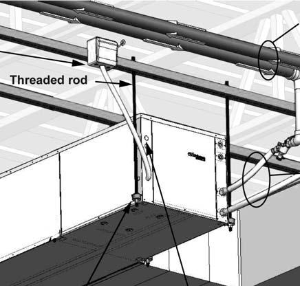 The rods are usually attached to the unit by hanger bracket kits furnished with each unit. Lay out the threaded rods per the dimensions below.