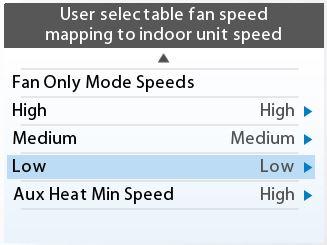 Fan Only Mode Speeds Configures fan speed when the user selects High, Medium or Low while the system is not actively cooling or heating