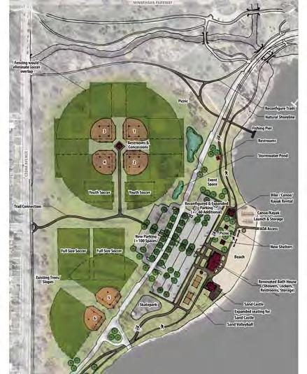 Nokomis Main Beach / Athletic fields Key Favored Open for Discussion Not Recommended concept 1 concept 2 Pinwheel softball field arrangement w/concessions and restrooms Optional overlapping soccer