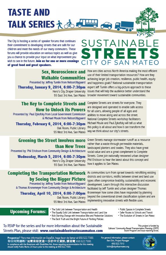 Taste and Talk Series 10-12 open forums in the style of a Taste and Talk series Series topics to include, but are not limited to, pedestrians, bicyclists, transit, trucks,