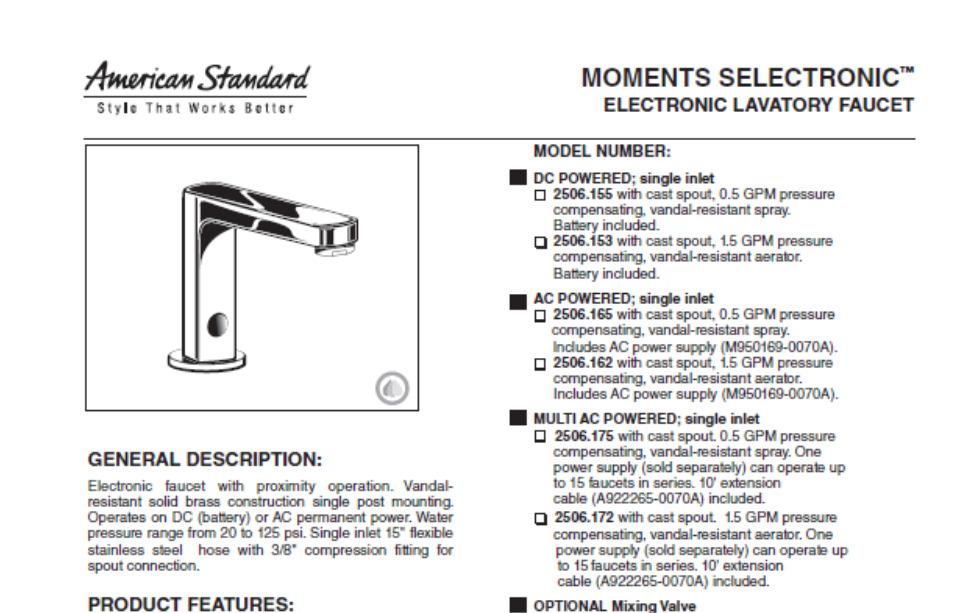 LAV-1 Fixture - American Standard Moments Selectronic model 2506 175 electronic proximity faucet, AC