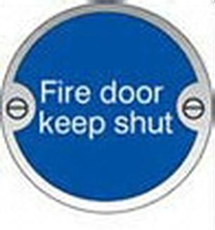 6. Signs for doors that protect emergency escape routes These are small signs with a solid blue circle pictogram with white text inserted.