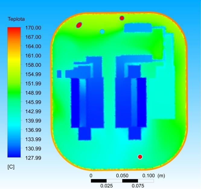 Figures 14 and 15 depict the thermal field in the cross-section of the compressor, where the displayed temperature of the air in the area of the cover is shown. FIG.
