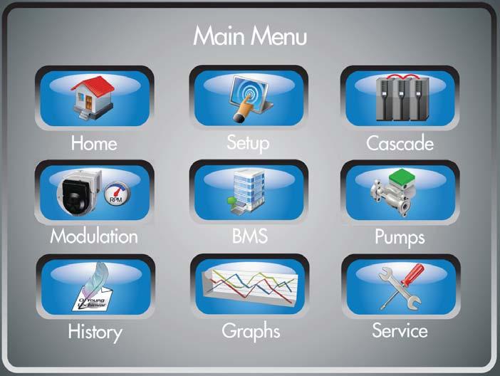 4 SMART TOUCH control module (continued) Use the Main Menu Screen (FIG. 4-2) to access the screens necessary to set temperatures, operating conditions, and monitor boiler operation.