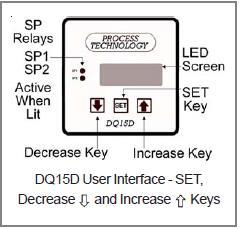In heating mode if the sensor signal is lower than the SP1 Set Point value, DQ15D energizes the SP1 relay and its isolated contacts close.