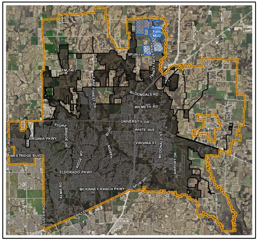 McKinney at a Glance Current City Limits: ~ 68 sq. mi. Ultimate City Limits: 116 sq. mi. Current Population (2017): 168,358 Est.