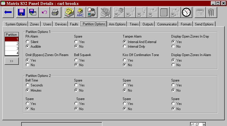 Section 8.10: Partition Options PC Programming Procedure : The PC screen below shows partition attributes 1 and 2 for partition 1 of the PC software.