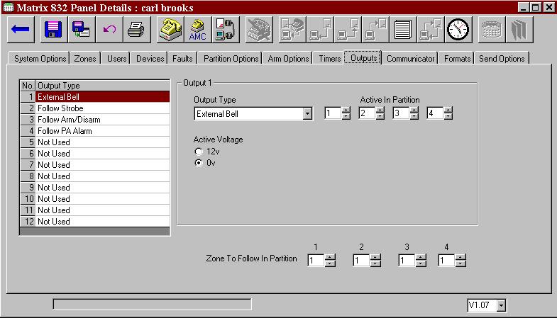 Section 8.13: Programmable Outputs PC Programming Procedure : The PC screen below shows how to program output options and allocated partitions from PC software.