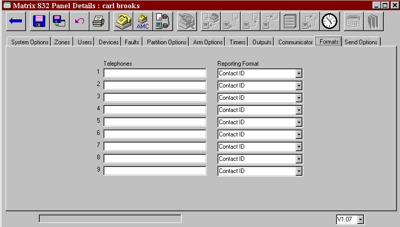 Section 9.2: Reporting Formats PC Programming Procedure : The PC screen illustrated below shows how to select the appropriate reporting format, and program telephone numbers.