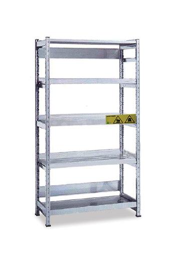 Weight: 76 Kg Anti-acid painted steel frame with squared pipes 30x30mm. Supplied with 5 shelves with steel hooks. 5 polypropylene basins to contain any eventual spills, to be fitted on the shelves.