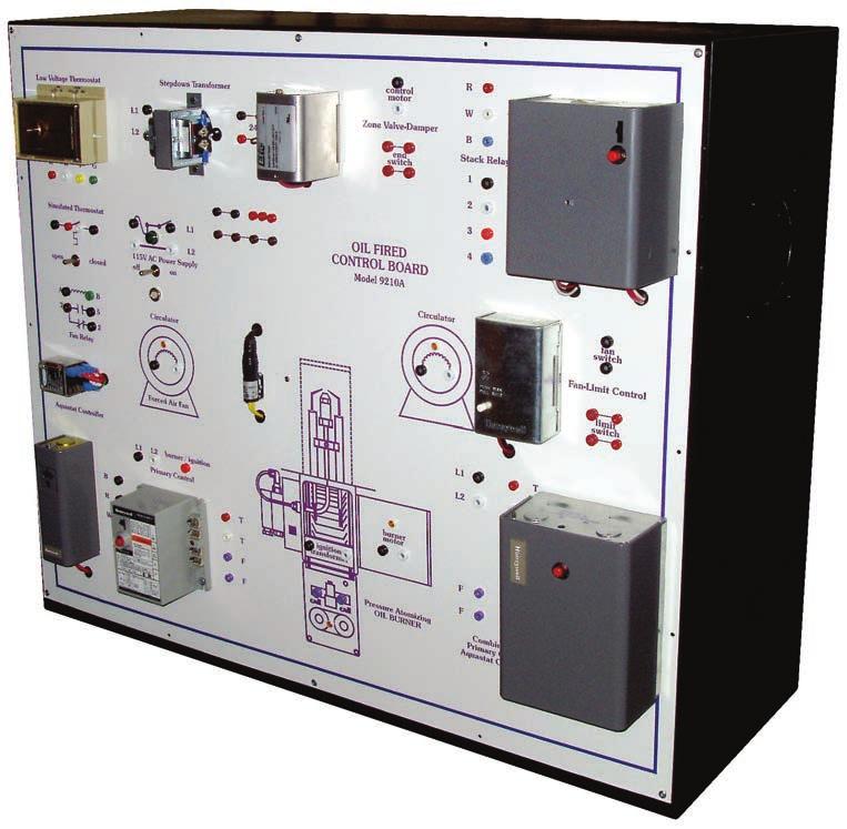 HEATING TRAINERS MODEL TU-129 OIL FIRED HEATING CONTROL BOARD The oil-fired forced-air control board contains a complete set of electrical controls of a furnace with air conditioning to demonstrate