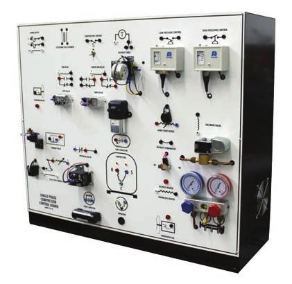 MODEL TU-521 SINGLE PHASE COMPRESSOR CONTROL BOARD EDUCATIONAL TRAINING UNIT COMPRESSOR TRAINERS Consists of an actual single phase compressor with components necessary to demonstrate all common