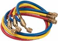R-410A special 1/4 5/16 Reinforced hoses with stop valves, to prevent moisture ingress. Connection 1/4-5/16 for blue and red and 1/4-1/4 for yellow.