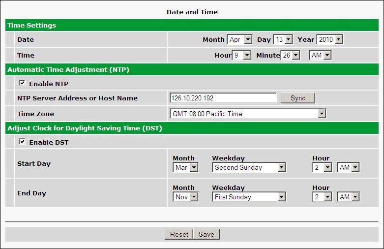 39 8.2.0 Date and Time From the Date Time menu, you will set the internal clock of the Remote Power Switch or synch it with a Network Time server.