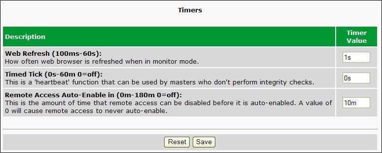 40 8.2. Timers The Timers menu allows you to change how often certain events within the Remote Power Switch occur.