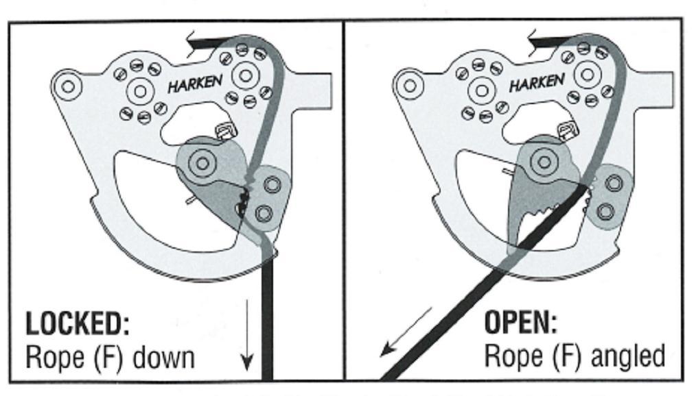WHEN THE CORD IS RELEASED, THE SPRING LOADED ARM'S TEETH PRESSES AGAINST THE CORD, HOLDING THE CORD IN PLACE.