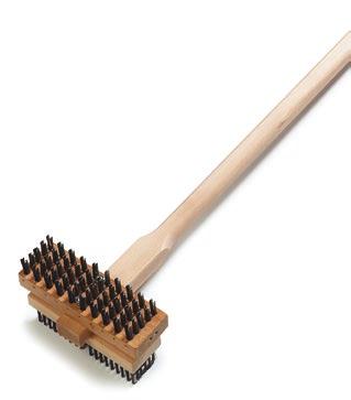 bristles and a full length aluminum scraper on a low-profile head for cleaning the narrow spaces inside pizza ovens Pizza/BBQ Oven Brush 45772 Steel wire bristles and permanent 39" hardwood handle