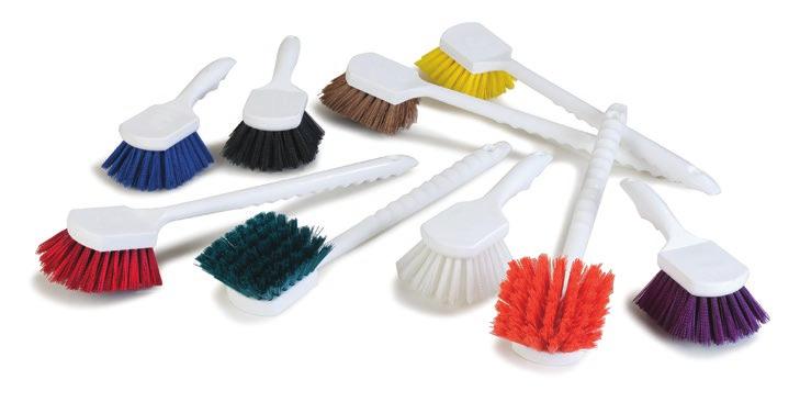 floors, under counters, around equipment and along baseboards Floor scrubs are made with three different brush surfaces for cleaning at different angles Non-absorbent plastic blocks and synthetic
