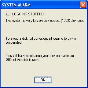 Figure 1: Basic System alarm message You must then shut the IGSS system down and remove enough files from the hard disk to free up at least 20% of hard disk capacity.