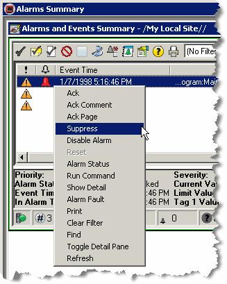 FactoryTalk Alarms and Events System Configuration Guide Suppress or unsuppress an alarm You can suppress an alarm that is not needed temporarily; for example, because the alarm is caused by another