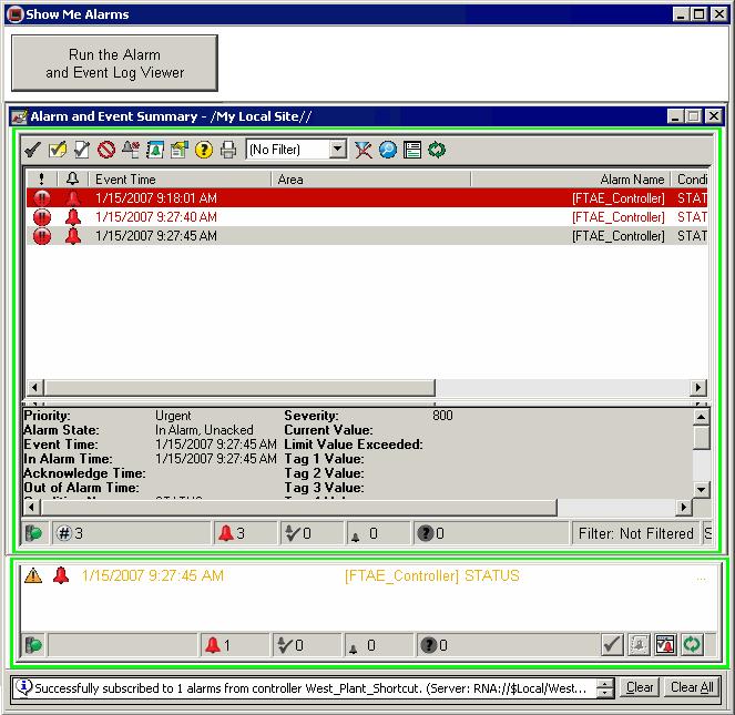 9 Set up historical alarm and event logging 7. Click the Run Alarm and Event Summary button on the Banner display at the bottom of the window. The Summary display replaces the Log Viewer.
