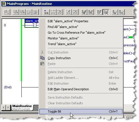 FactoryTalk Alarms and Events System Configuration Guide 2. To trigger the alarm, right-click the contact on the rung (the one we named alarm_active ). On the context menu, click Toggle Bit.
