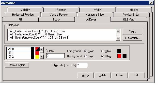 7 Set up graphic displays Step 4: Set up colors for the alarm states This step, describes how to set up colors for the rectangle, for each solution to the expression. 1.