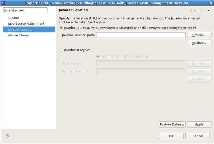 Chapter 2. ESB Support Figure 2.16. Classpath Container: Javadoc Location Click on Apply and then on Ok. 2.7.