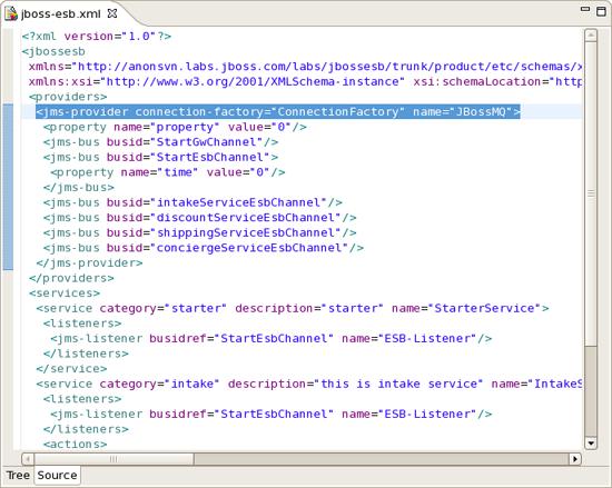 Chapter 3. ESB Editor Figure 3.2. Source View The Source view for the editor displays a text content of the ESB file.