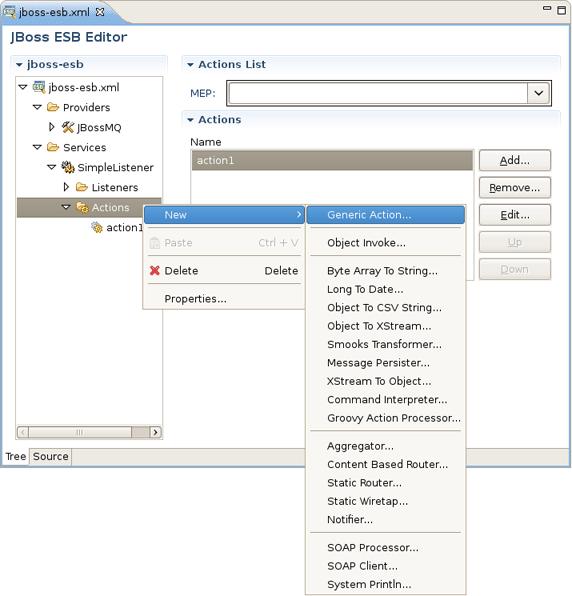 ESB File Editor In order to add a new generic Action to your ESB XML file you should select the Actions node under the Services, then right-click