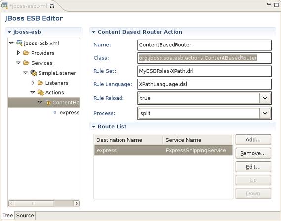 Chapter 3. ESB Editor Figure 3.10. Form Editor for Content Based Router ESB editor can recognize some specific objects. On the org.jboss.soa.esb.actions.contentbasedrouter in the Class section.