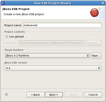 Chapter 2. ESB Support Clicking Next brings you to the JBoss ESB Project wizard page where a project name, ESB version and target JBoss Runtime are to be specified.