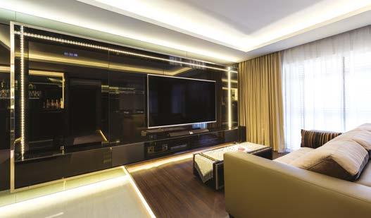 A touch of glam was incorporated via reflective surfaces, a moodier palette, and beautiful accent and ambient lighting.
