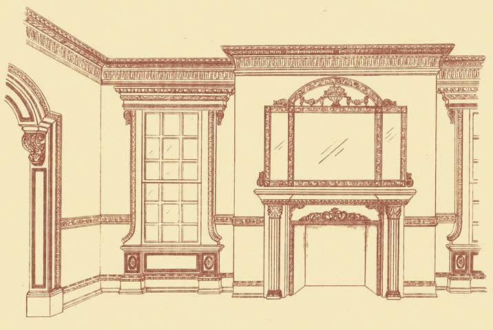 The tall tambour wainscoting, typical of Victorian design, is capped with a grapevine-frieze chair rail; the same frieze also frames the arched panel door.