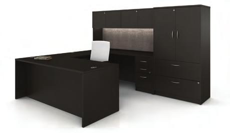 A pedestal file stores documents and office essentials, while a hinged-door hutch maximizes storage space with overhead cabinets.