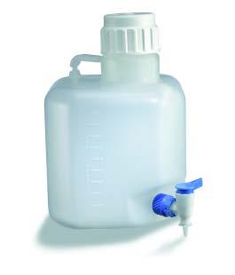The bottle closure is fitted with connections for distillate inlet pipe, reservoir level control and a 0.2µm filter on the air inlet. Autoclavable at 121 C. Capacity 20 litres.