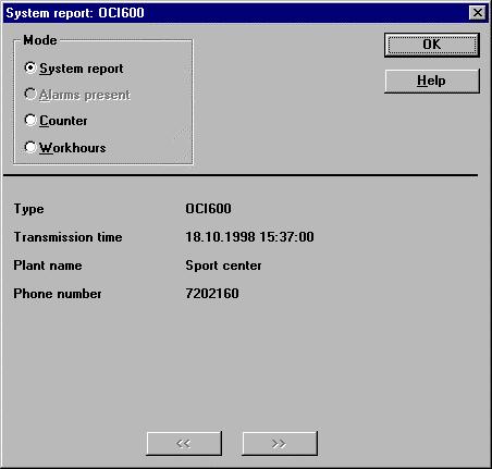 OCI600, the ACS900 software in connection with the system report can also display the following: Alarms: If, at the time of system report transmission, alarms are present, they will be displayed