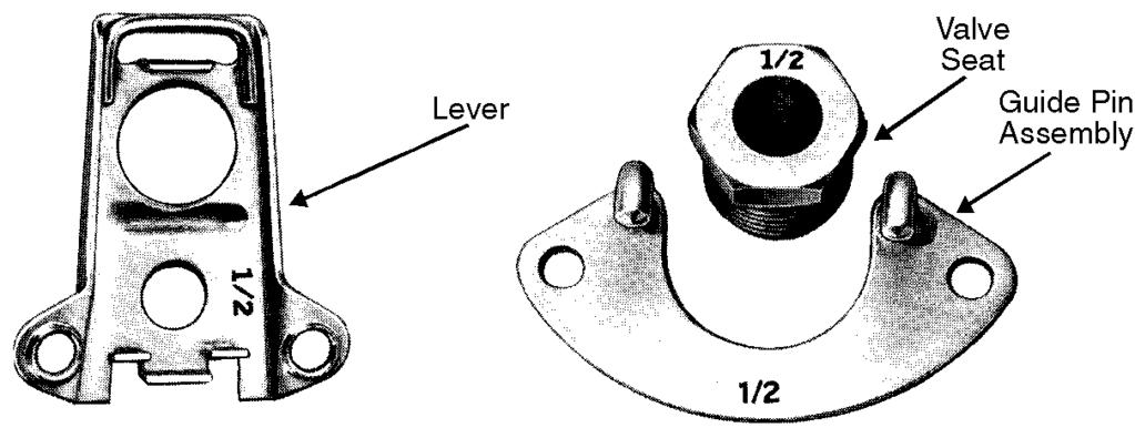 with valve, guide pin assembly and (2) two screws. The diameter of the valve seat is stamped on the face of the seat itself, on the valve lever, and on the guide pin assembly.