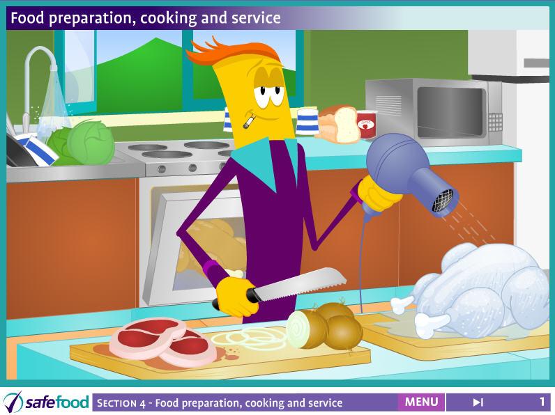 screen 1 Food preparation, cooking and service This screen shows a kitchen scene with a number of hazards to food safety.