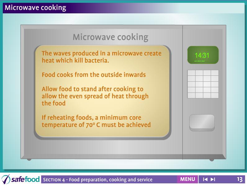 screen 13 Microwave cooking This screen shows points about microwave cooking. Ask the students if they have a microwave at home and what they use it for.