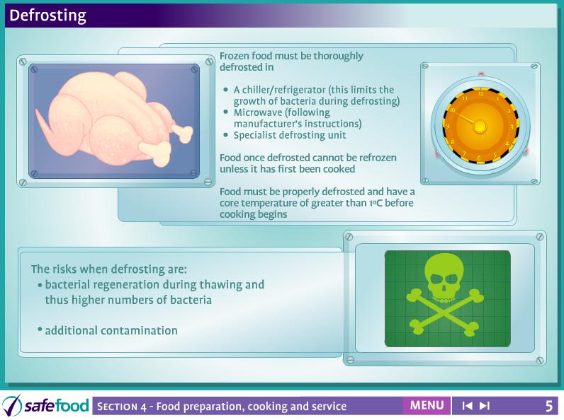 screen 5 Defrosting Screen shows some important points about defrosting. Discuss points with the students Ask: What are the dangers of not properly and thoroughly defrosting food?