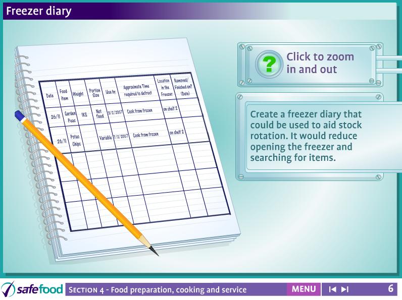 screen 6 Exercise freezer diary This screen shows an example of a freezer diary which the students will create.