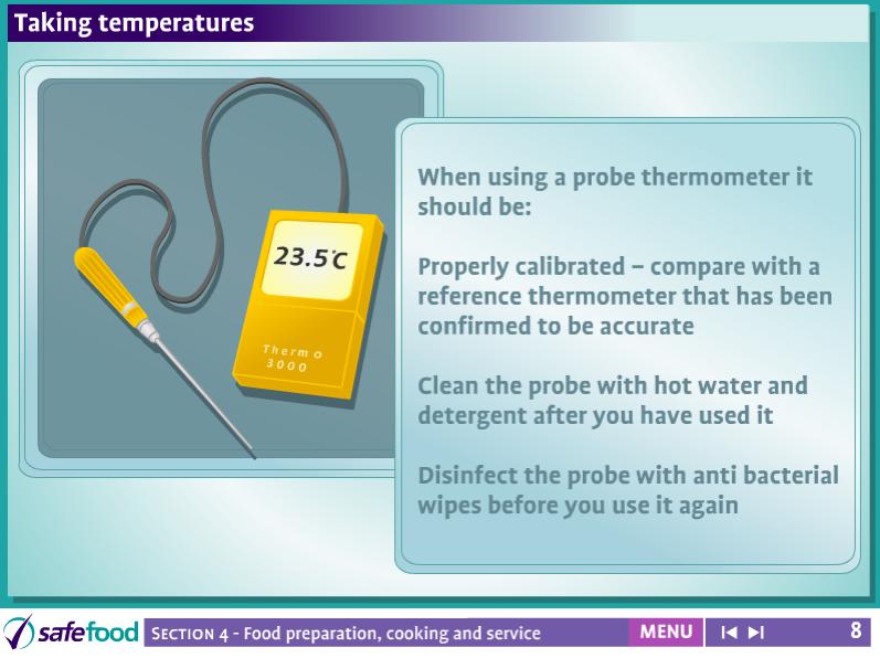 screen 8 Taking Temperatures Screen Description The screen shows a probe thermometer and illustrates some points on taking temperatures.