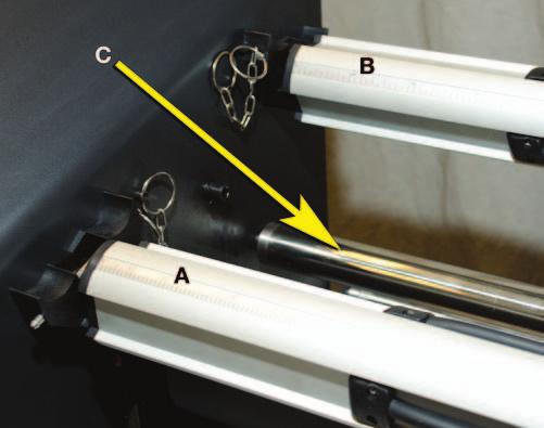 Figure 7. Upper Front Rewind and Upper Unwind Shafts. A. Upper Front Rewind Shaft The Upper Front Rewind Shaft is used to rewind release liners or finished media. B.
