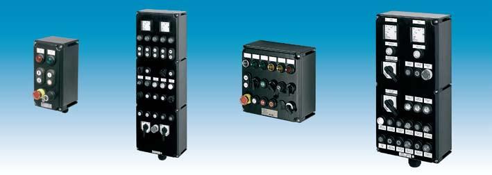 Pushbuttons, control switches, indicating lamps, meters, potentiometers and terminals can be fitted into the enclosures. Enclosures may be coupled together to form large control panels.