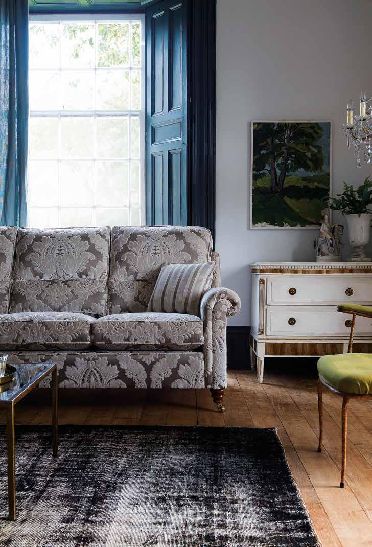 The Southsea sofa in Culpepper Damask has a supportive, high back and delicately curved arms with pleated